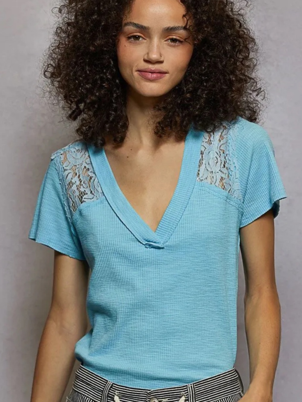 Pol soft Ribbed V neck tee with Lace Inserts NIP